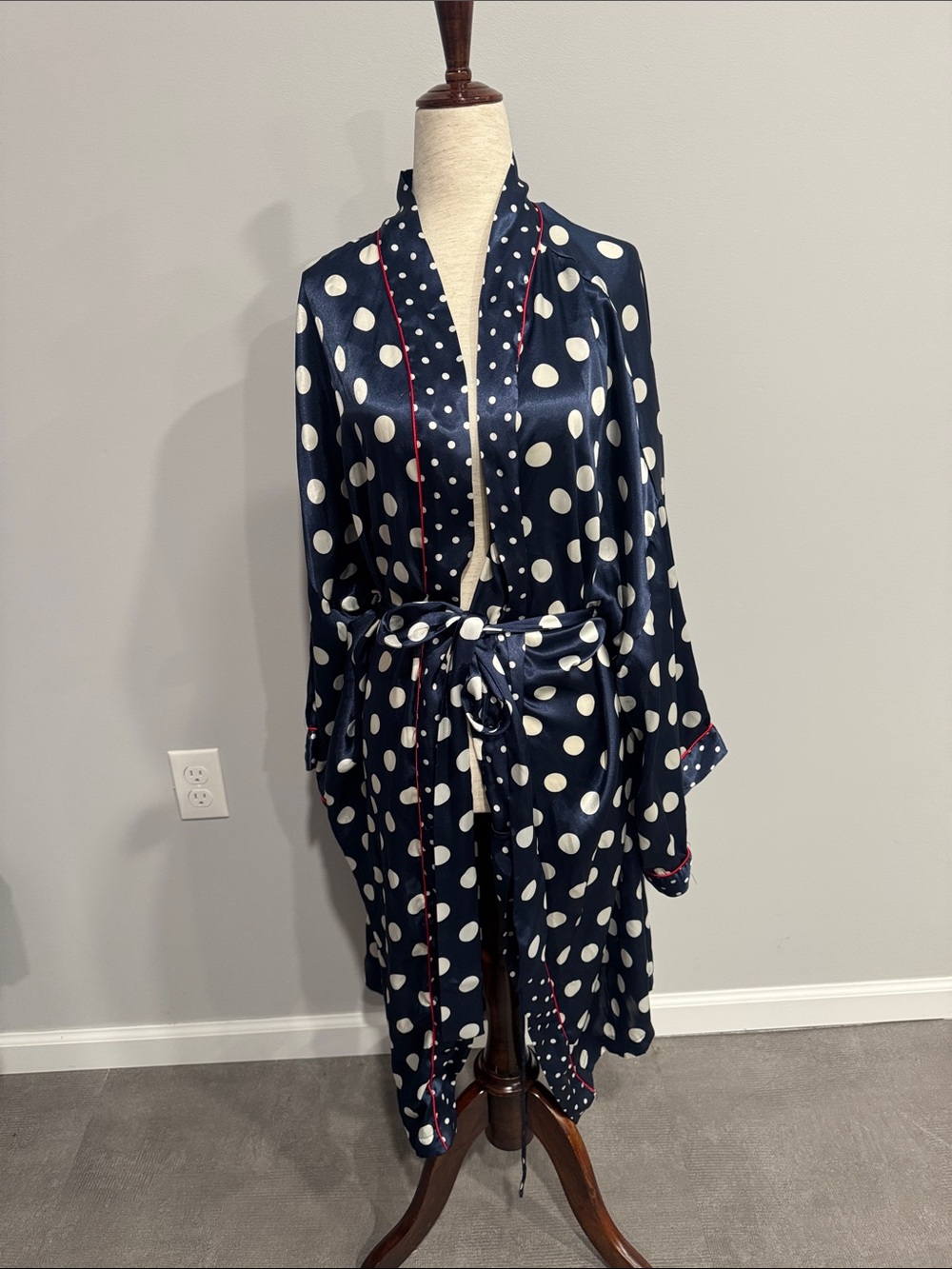 Solange Satin Navy Polka Dot Satin Robe with Red Trim Size 22-28